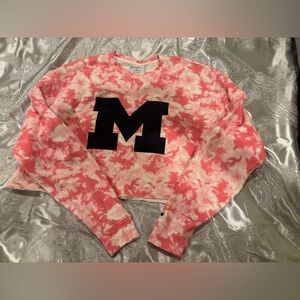 NWOT- Champion Pink Tie-Dye Sweatshirt with Black U of M Logo, crop top